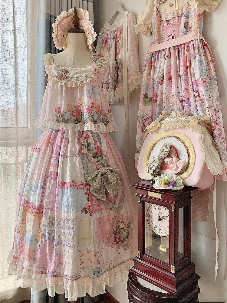 Cottagecore Patchwork Print Sweet Lolita Skirt with Detachable Straps Long Version