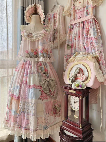 Cottagecore Patchwork Print Sweet Lolita Skirt with Detachable Straps Long Version