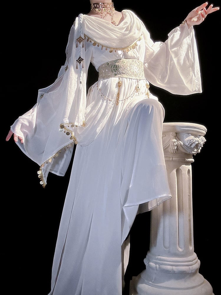 Greek-inspired White Lolita Gold Chiffon Corset Dress + Belt with Accents Embroidered
