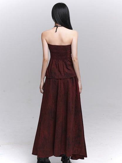 Gothic Red Bust with Strap Bustier Ruched Off-Shoulder Top Neck