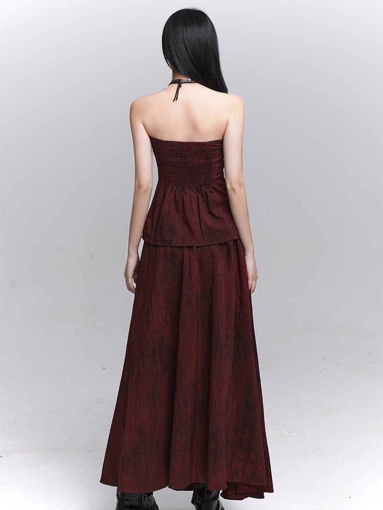 Red Ankle-Length  Gothic Splatter Skirt with Distressed