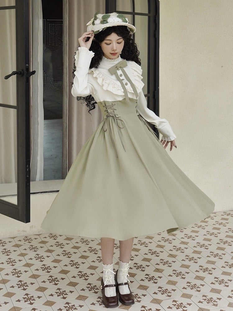 Light Green and Beige Ruffle Neckline Long-Sleeve Spring Classic Lolita Dress Layered-Look