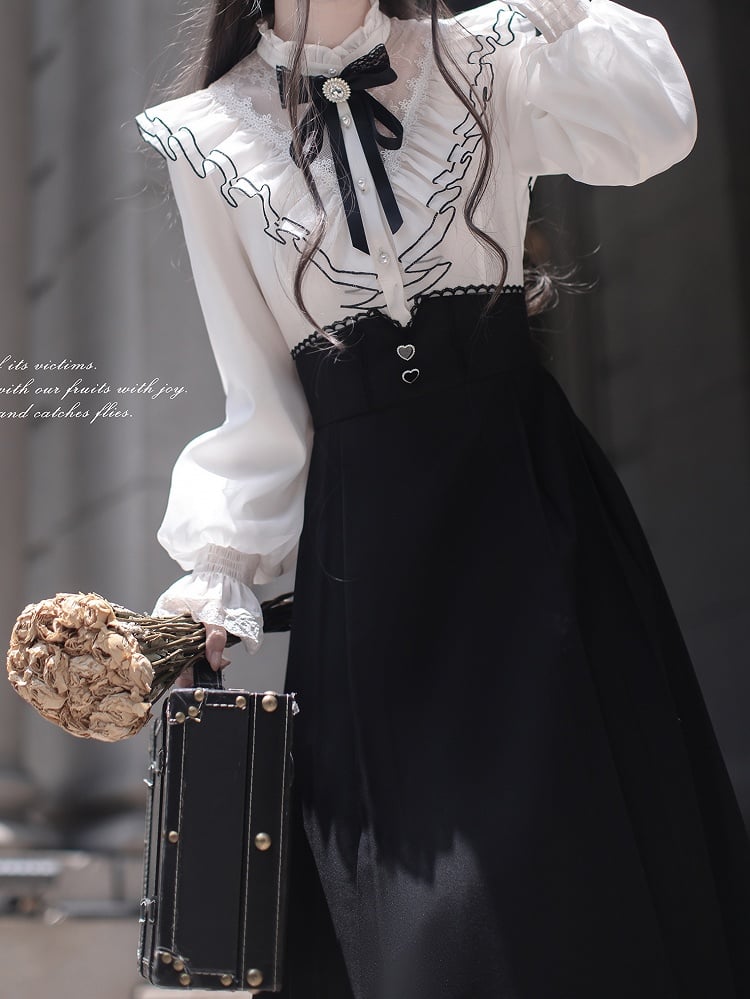 Long Kei Clean Faux Aesthetic with Flounce Innocent - White Elegant Neckline Two-Piece Tiered and Jirai Dress Black