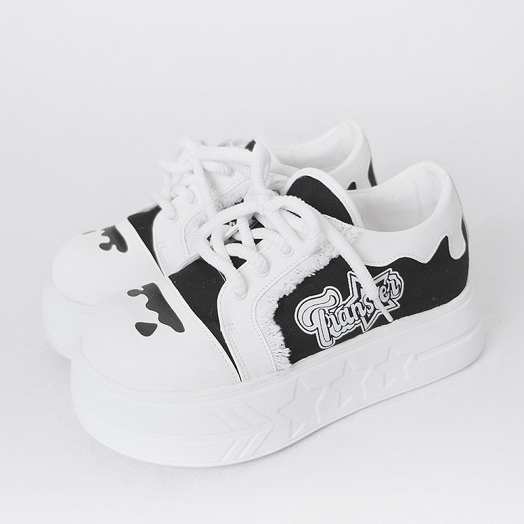 Design Print Otaku-Kwaii Lace-Up Trim Letter - Raw Edge Black Platform with Shoes White