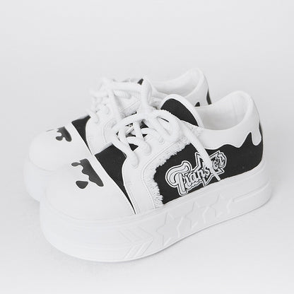 Design Print Otaku-Kwaii Lace-Up Trim Letter - Raw Edge Black Platform with Shoes White