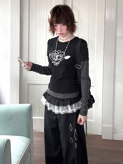 Black Gray Design Two-pieces with Stripe Print Faux Star Top