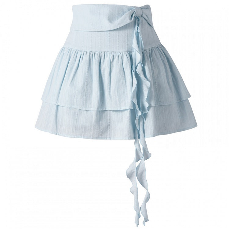 ゆめかわいいブルーのリボンディテールウエストティアードスカート