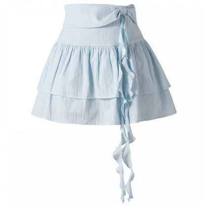 ゆめかわいいブルーのリボンディテールウエストティアードスカート
