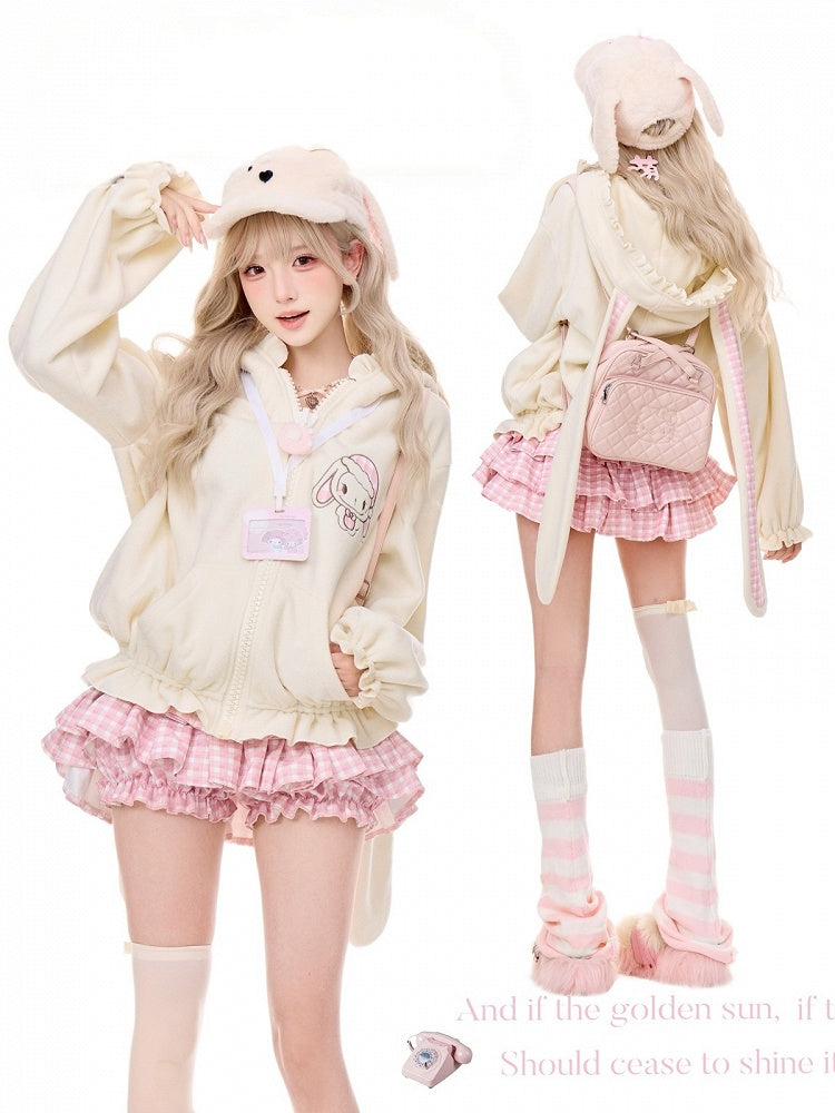 Sweet Beige Pink Gingham Bunny Ear Hooded Jacket with Embroidery Ruffle Details - serendipity