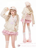 Sweet Beige Pink Gingham Bunny Ear Hooded Jacket with Embroidery Ruffle Details - serendipity