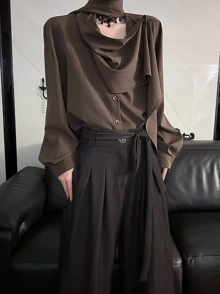 Brown Scarf Shirt Lolita Long Neckline Sleeve
