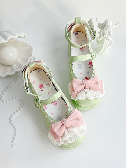 Buckles Heart at Bow Green Trim Platforms Apple Top Lace