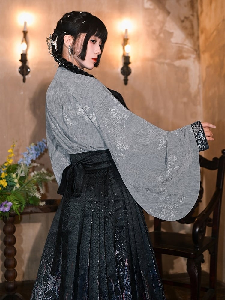Gray - Blouse Style on Pipa Chinese Mandarin Sleeve with Cuffs Embroidery Collar Goldfish
