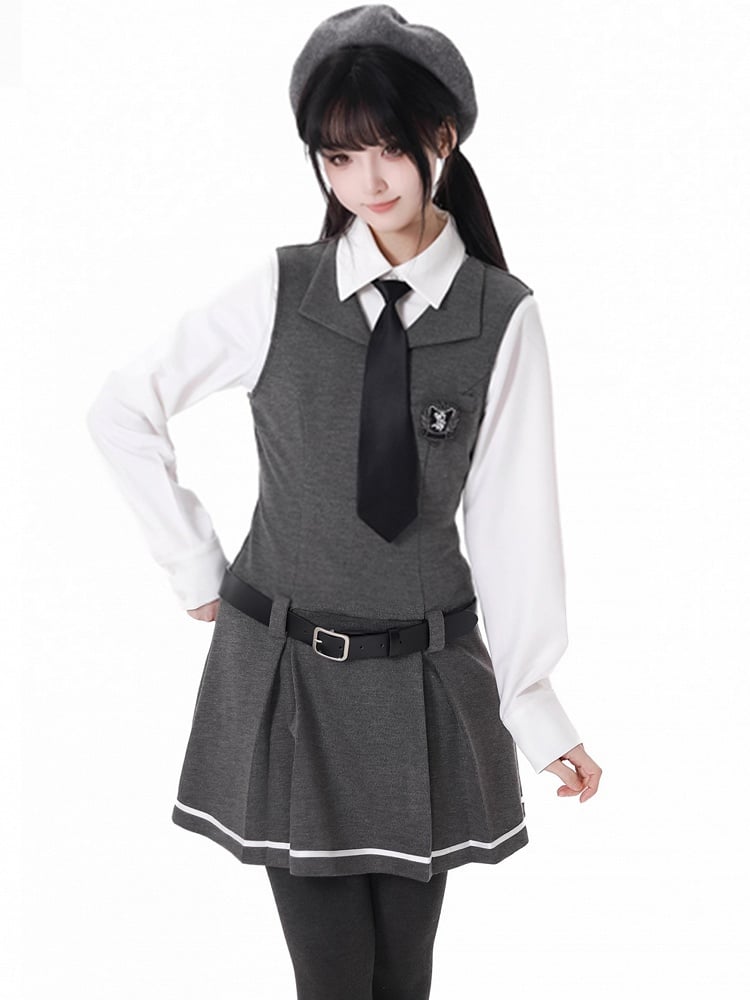 Dark Grey Preppy Sleeveless Above Knee Knitted Dress With A Buckle Belt