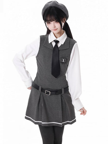 Dark Grey Preppy Sleeveless Above Knee Knitted Dress With A Buckle Belt