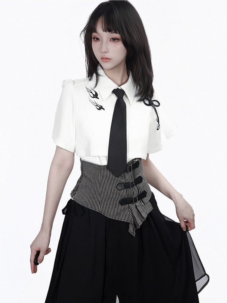 Black Gray Striped Corset Belt with Leather Buckle - PINK SAVIOR