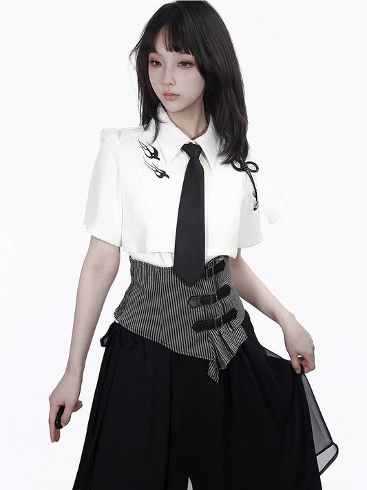 Ceinture Corset Rayée Noir et Gris avec Boucle en Cuir - PINK SAVIOR