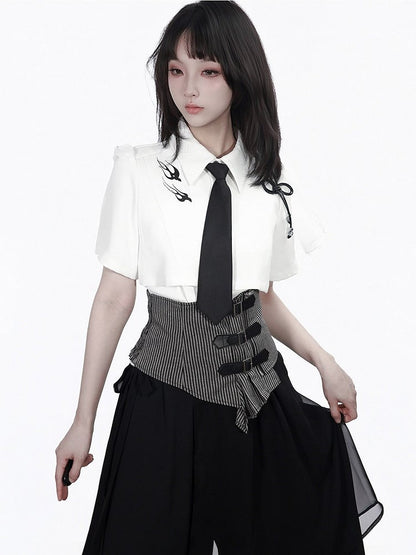 White Cropped Shirt with Leather Knot & Cami Set - PINK SAVIOR