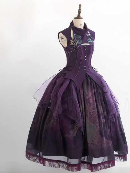 Purple Gothic Snake Bones Embroidery Sleeveless Top