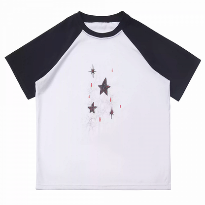 T-Shirt Star Print Black  White Colorblock Design