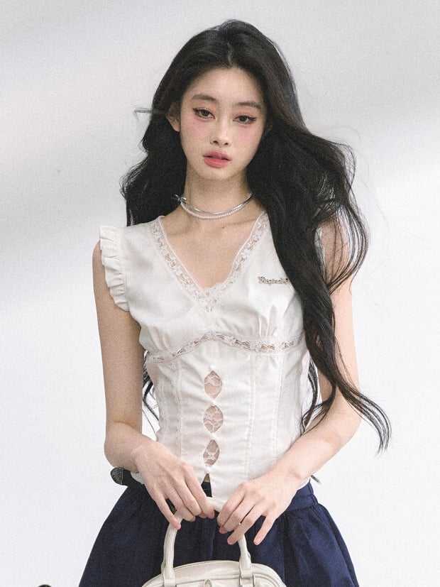 Lace White V-neck Cutout Details Patches Flutter Sleeves Top