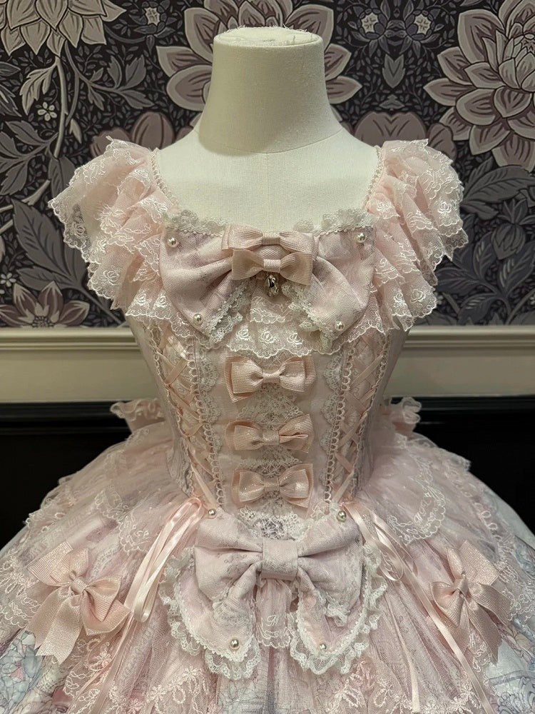 Sweet Pink Bowknot Hem Bear JSK Angel Dress with Decorated Print Lolita