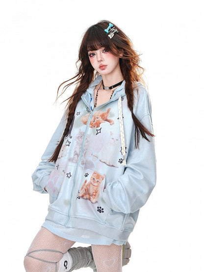 Weiß/Blau Kitty Lockerer Hoodie mit Reißverschluss