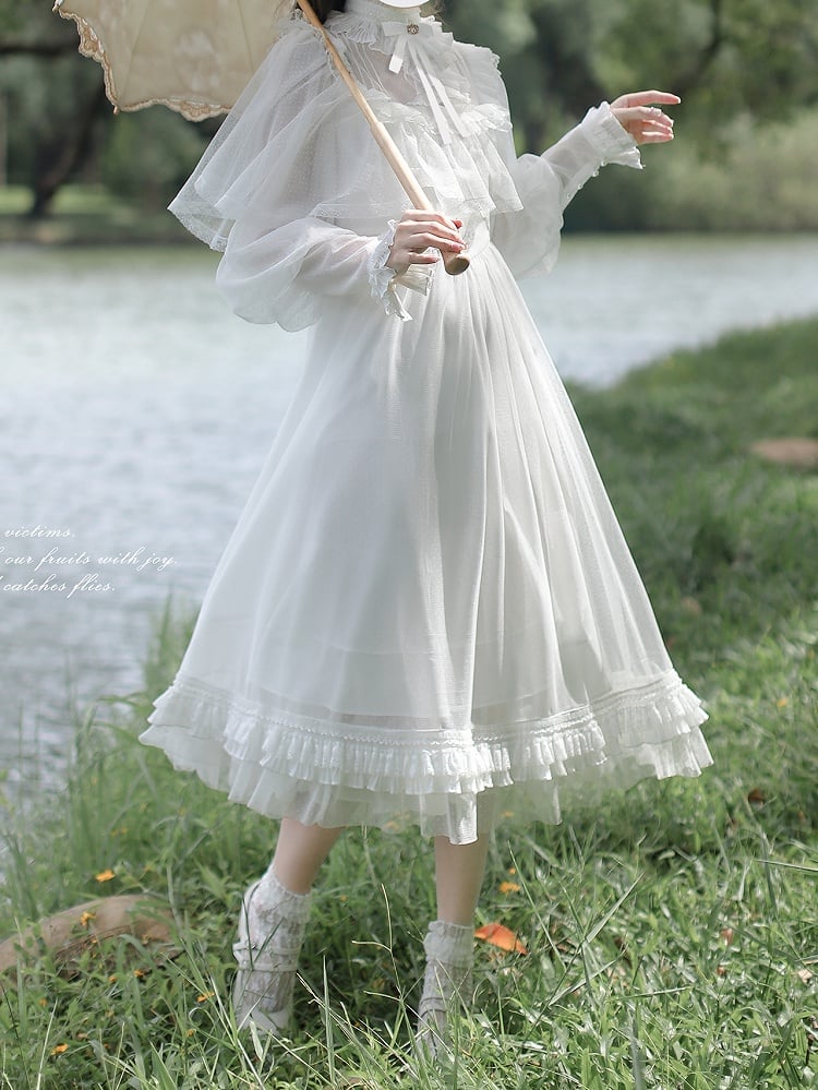 Lolita Classic Ethereal Tulle Dot All-White Style Sleeve Shiro in Cape Dress: