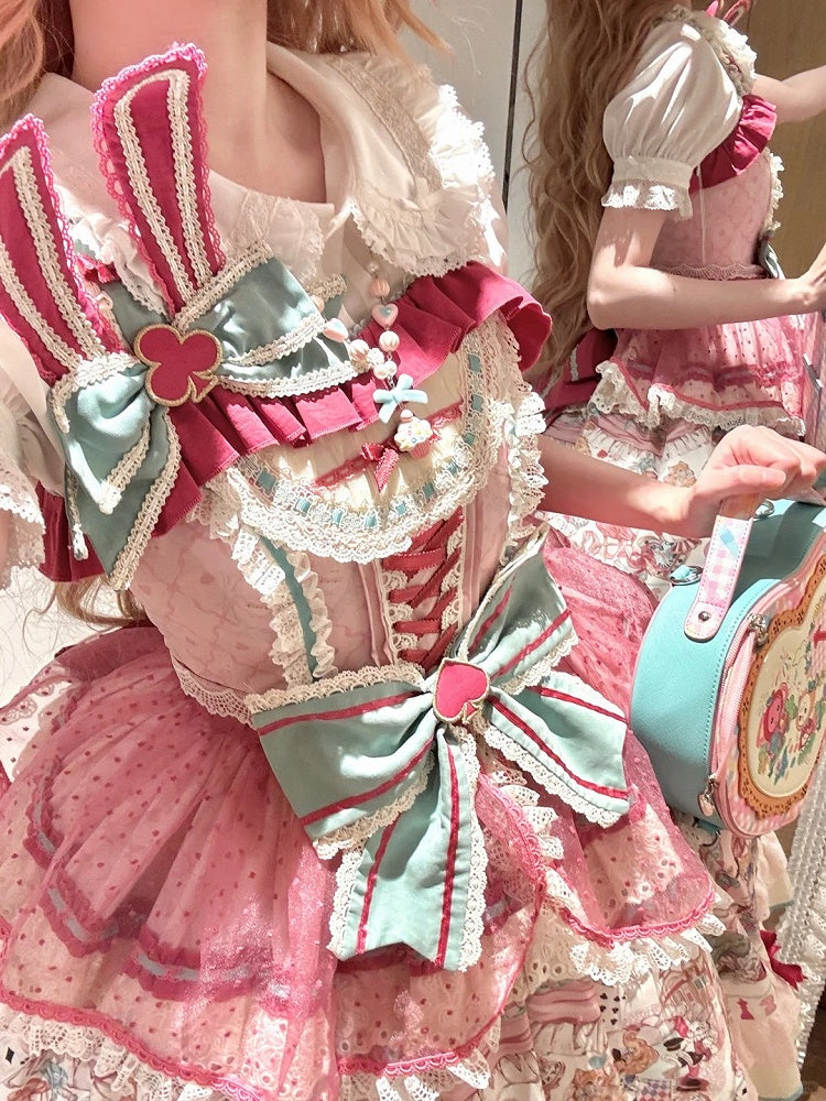 Pink & Green Bunny Ear Sweet Lolita Bow Brooch - Mewroco