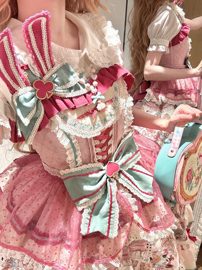 Pink & Green Bunny Ear Sweet Lolita Bow Brooch - Mewroco
