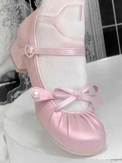 Rhinestone Knotted Janes at Toe Mary Lolita Round Sweet Heart Buckle Top Bow - Pink