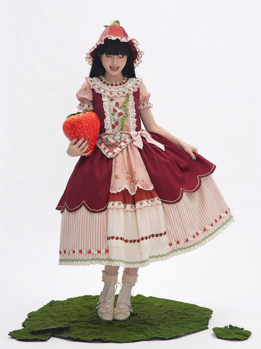 Wine Red Cottagecore Striped Lolita OP with Strawberry Embroidery - Unfinished Fairy Tales