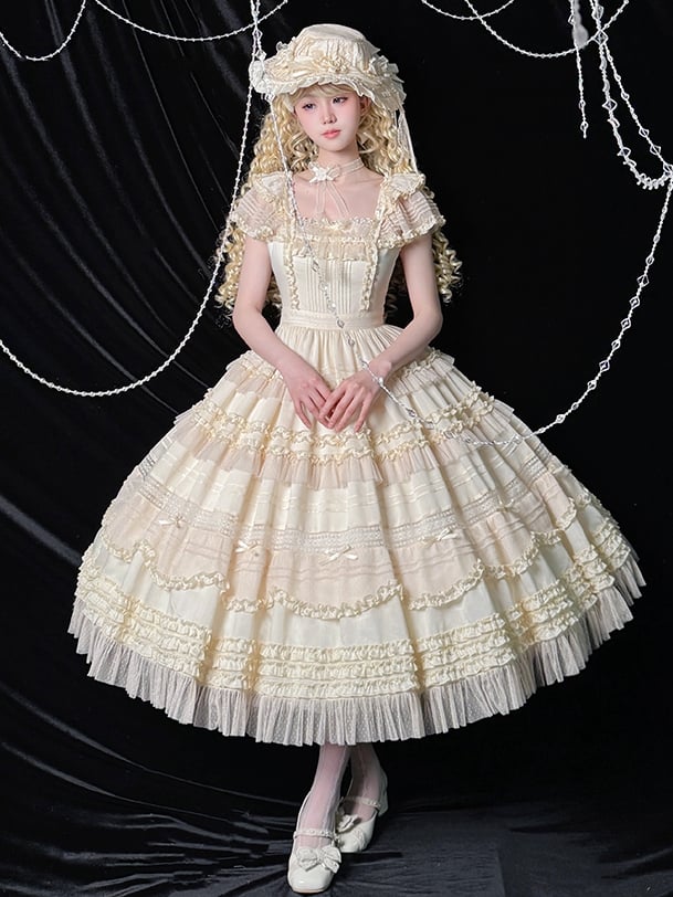 Pleating Details Classic Ruffle Trims Lolita Dress and Elegant Beige