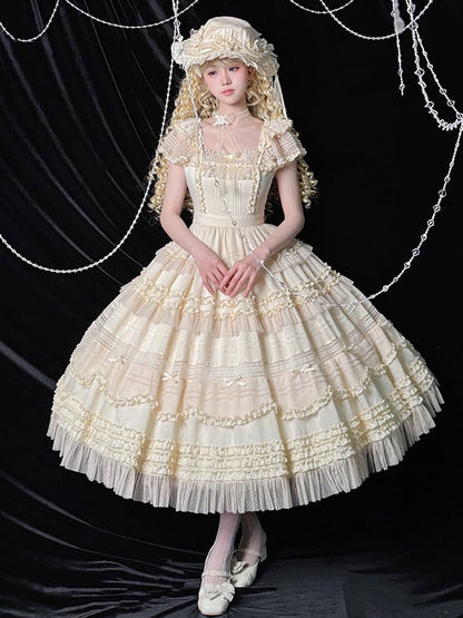 Pleating Details Classic Ruffle Trims Lolita Dress and Elegant Beige