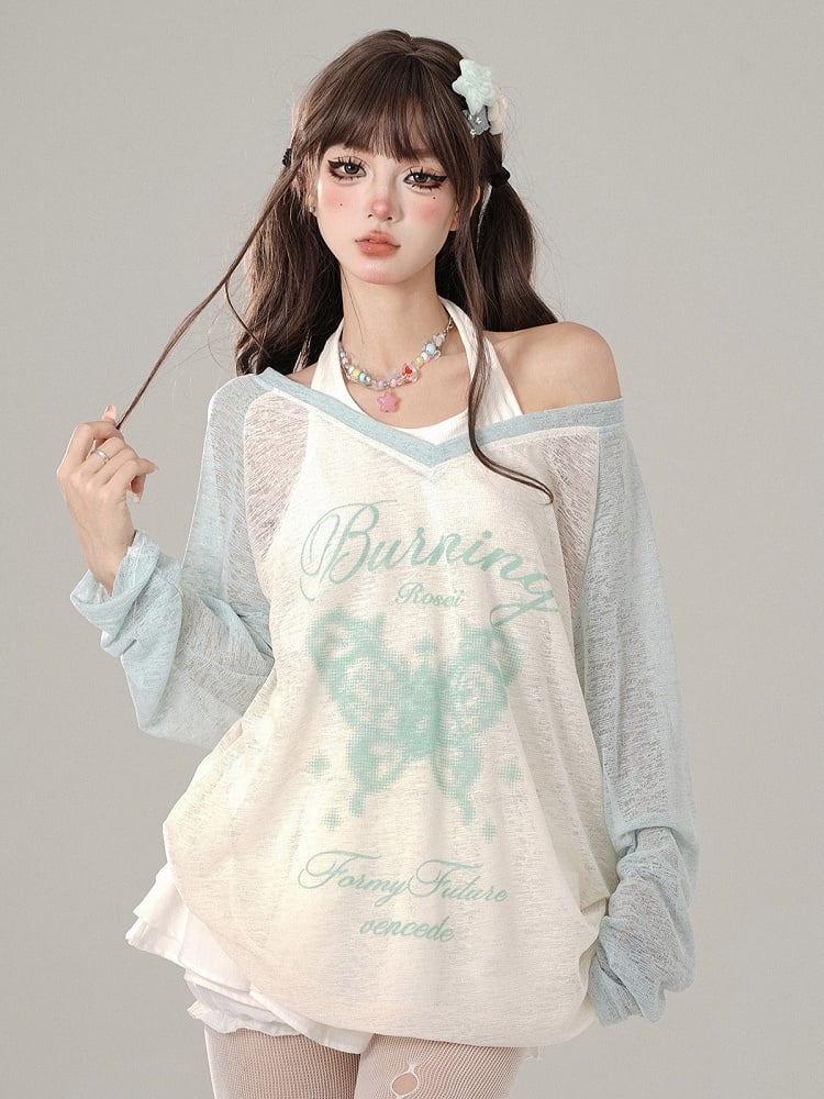 Set Green V-Neck Long Sleeve with White Halter Neck Tank Butterfly  Letter Print Sheer Mint
