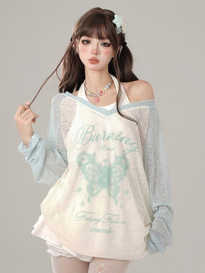 Set Green V-Neck Long Sleeve with White Halter Neck Tank Butterfly  Letter Print Sheer Mint