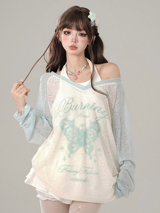 Set Green V-Neck Long Sleeve with White Halter Neck Tank Butterfly  Letter Print Sheer Mint