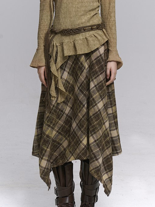 with Belt Zipper Detachable Gothic Hem Skirt Plaid Side Coffee Handkerchief