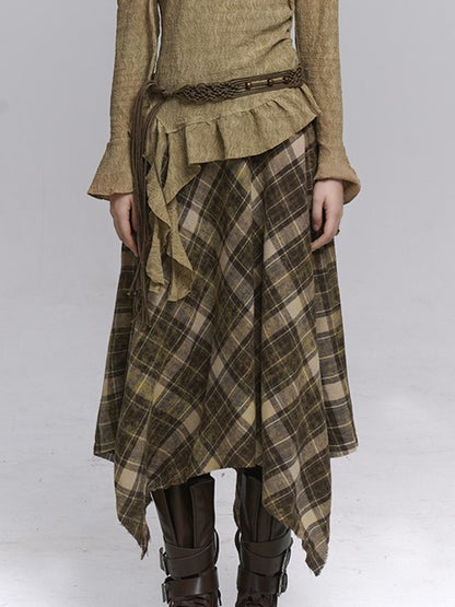 with Belt Zipper Detachable Gothic Hem Skirt Plaid Side Coffee Handkerchief