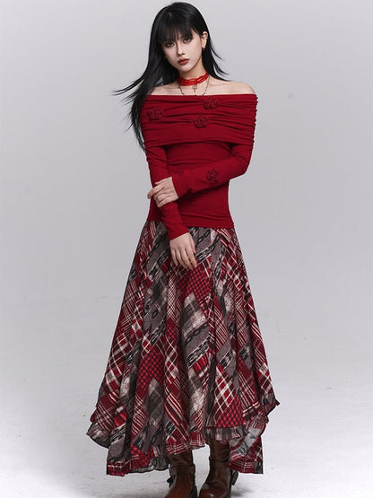Top Long Floral with Christmas Sleeves Off-the-shoulder Neckline Red Design