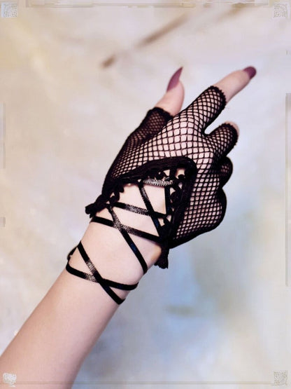 Black Punk Style Fishnet Half-Finger Gloves - Mr. Cat
