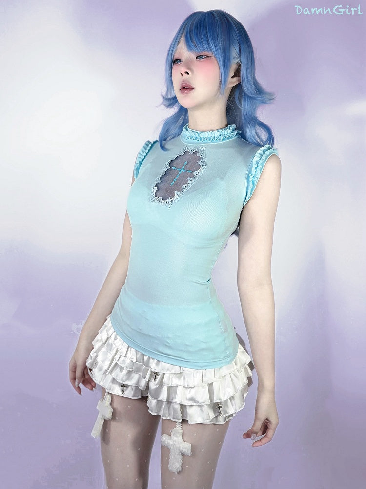 Gothic Ärmelloses Top Hellblau Mock Neck Sargförmiger Ausschnitt Pastell