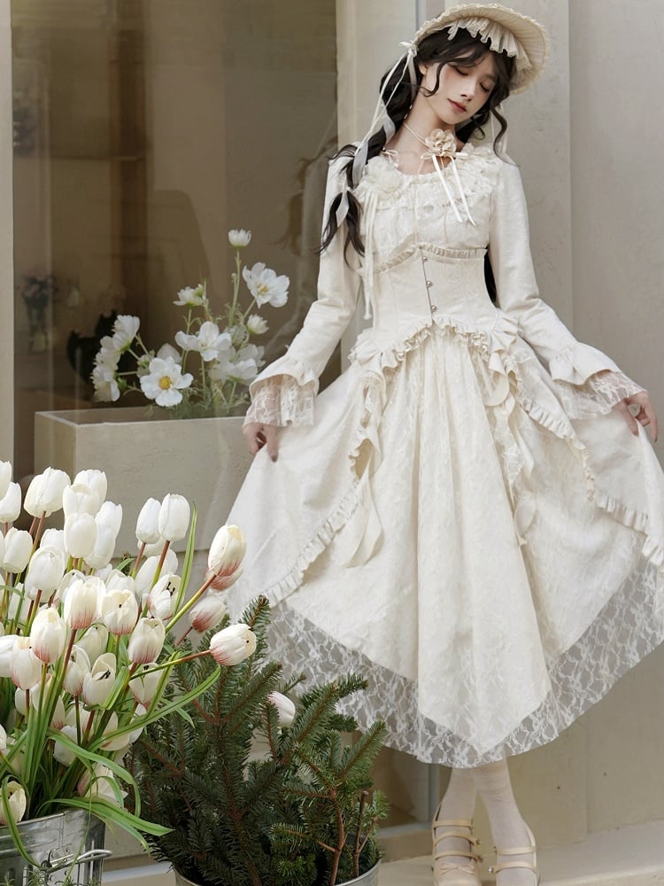 Lolita Dress with Rose Fabric, Lace Panels and Asymmetric Skirt in Beige