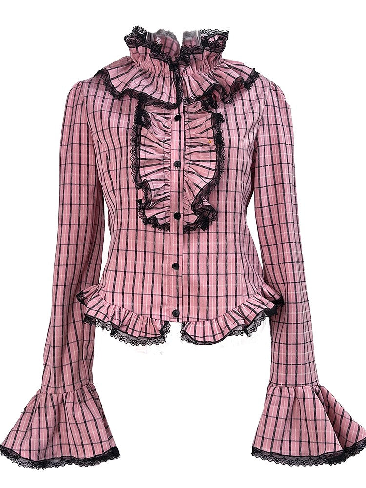 Pink Plaid Hime Gyaru Ruffled Collar Blouse with Embroidered Bow Tie