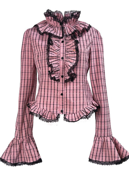 Pink Plaid Hime Gyaru Ruffled Collar Blouse with Embroidered Bow Tie
