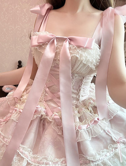 Balletcore Lolita-Pulloverrock mit Taillenstäbchen, Prinzessinnen-Baskenrock, Rosa