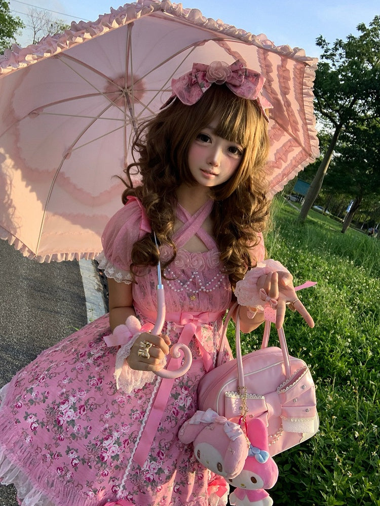 Pink Old School Lolita Floral Print OP Dress with Halter Straps - Asuka