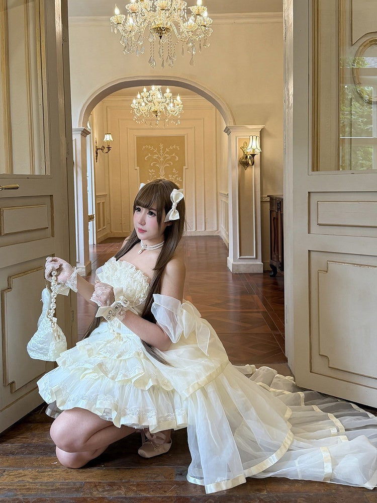 Beige Elegant Lolita Jumper Dress with Train and Arm Sleeves - Diamond Honey