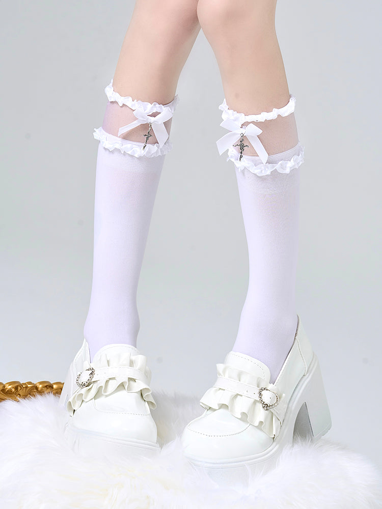 Black/White Lace Bow Gothic Ruffles Stockings