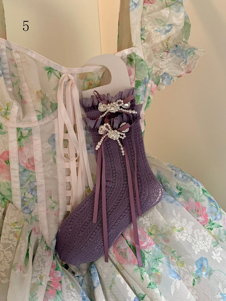 Spitzenbesatzsocken Weiß/Milchig Schleife Lolita Weiß/Schwarz/Rot/Lila/Grau/Braun